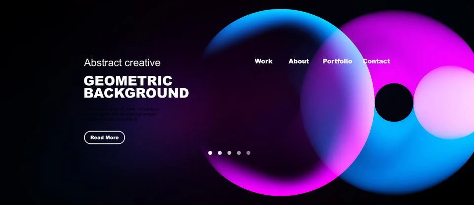 Dark background features vibrant overlapping circles, text elements, navigati Stock Illustration