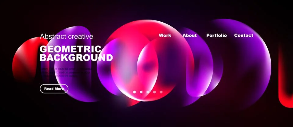 Dark background features vibrant overlapping circles, text elements, navigati Stock Illustration