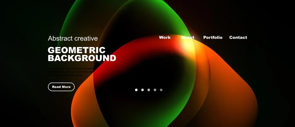 Dark background features vibrant overlapping circles. Text promotes geometric Illustrazione stock