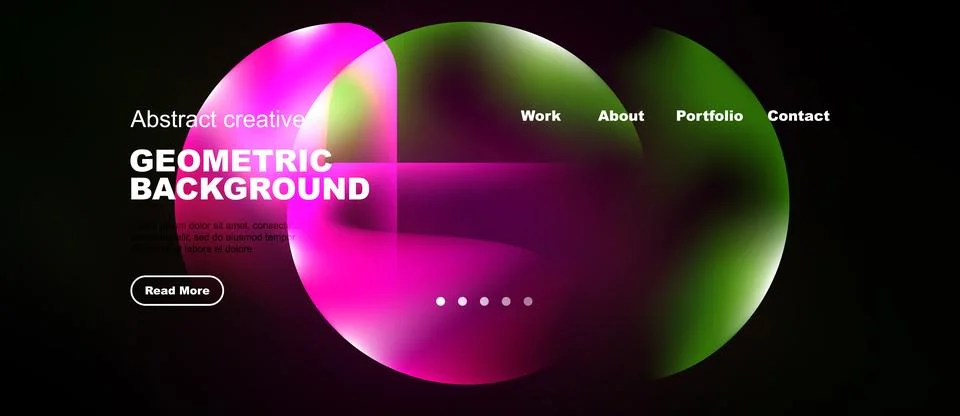 Dark background features vibrant overlapping circles. Website navigation Stock Illustration