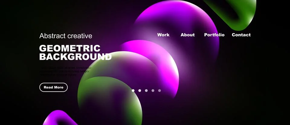 Dark background features vibrant overlapping bubbles. Website navigation Stock Illustration