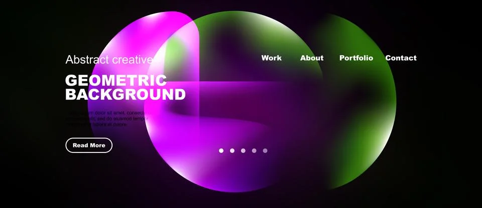 Dark background features vibrant overlapping circles. Website header includes Stock Illustration