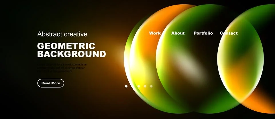 Dark background features vibrant overlapping circles. Website header includes Stock Illustration