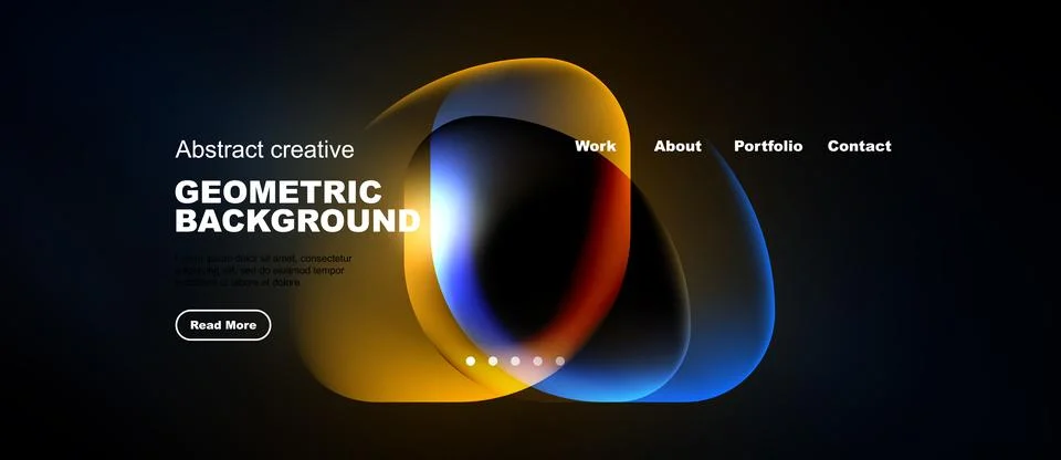 Dark background features vibrant overlapping shapes, text elements, navigatio Stock Illustration