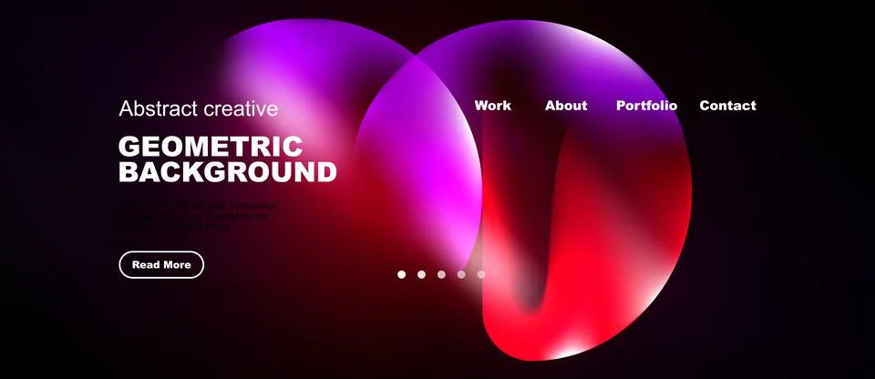 Dark background features vibrant overlapping circles. Text promotes creative Иллюстрация