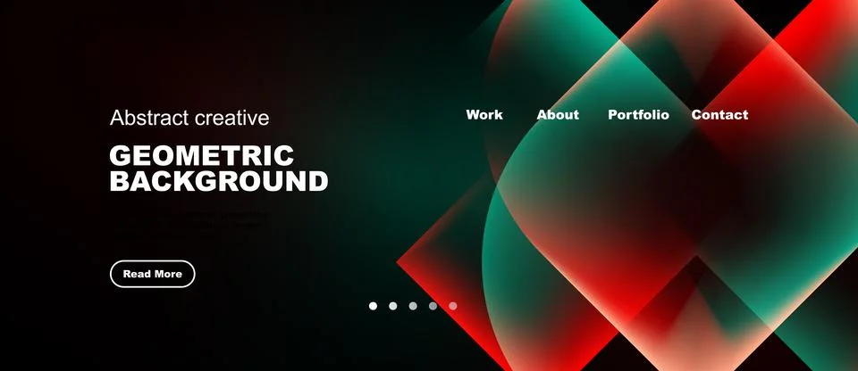 Dark background features vibrant overlapping shapes. Text includes geometric Stock Illustration