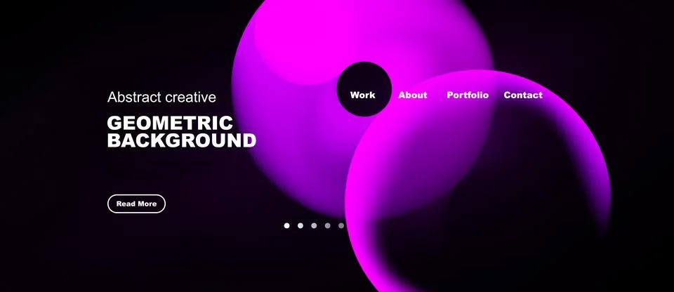 Dark background features vibrant pink shapes, text elements, navigation menu. イラスト素材