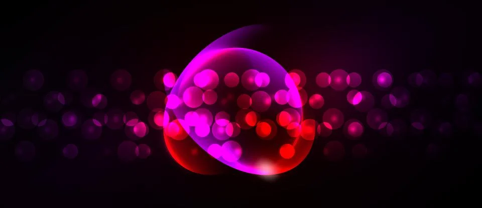 Dark background features vibrant pink, red bubbles. Central bubble glows Stock Illustration