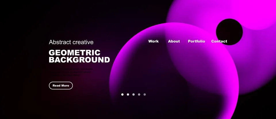 Dark background features vibrant pink abstract shapes. Website header include Stock Illustration