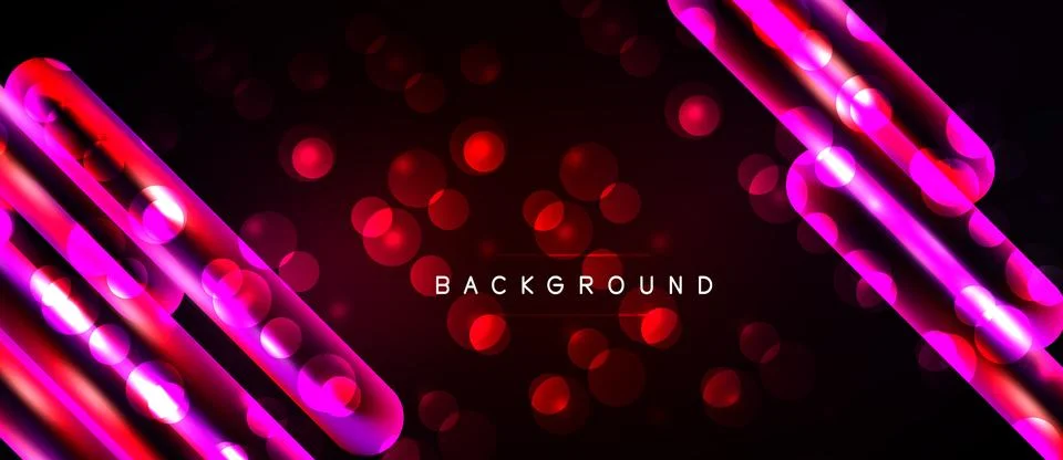 Dark background features vibrant pink neon lines, glowing circles. Modern Illustrazione stock