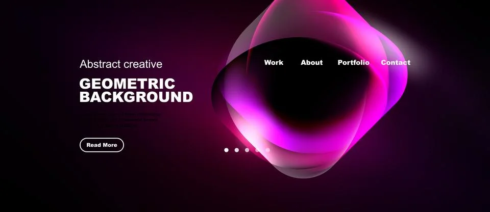Dark background features vibrant pink abstract shapes, text, navigation menu, Stock Illustration