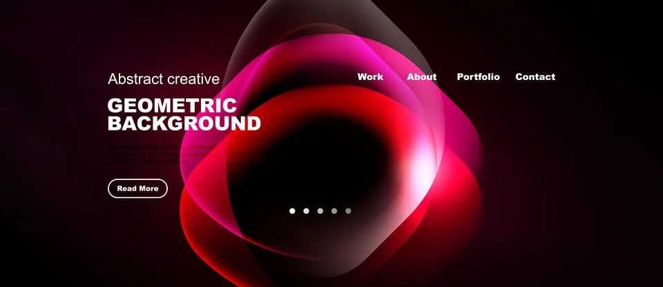 Dark background features vibrant pink abstract shapes. Website header include Stock Illustration