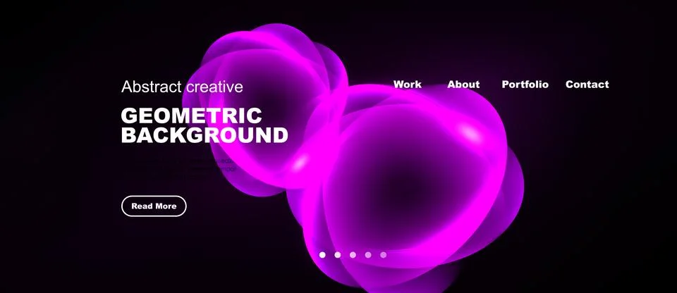 Dark background features vibrant pink abstract shapes, text elements, navig.. Illustrazione stock