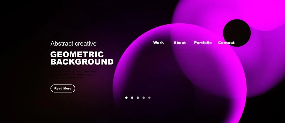 Dark background features vibrant pink abstract shapes. Website header include Illustrazione stock