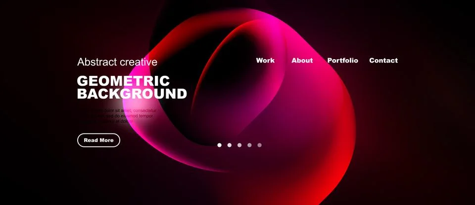 Dark background features vibrant pink, purple shapes. Website navigation Stock Illustration