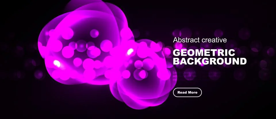 Dark background features vibrant pink abstract shapes, bubbles, text promotin Stock Illustration