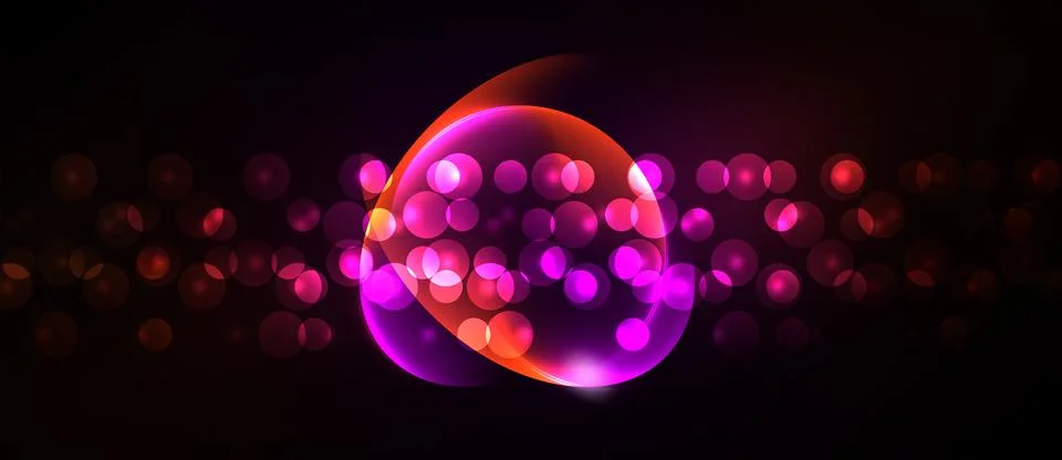 Dark background features vibrant pink, red circles. Bokeh effect creates gl.. Stock Illustration