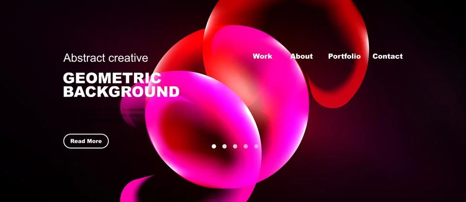 Dark background features vibrant pink circles, text elements, navigation op.. Stock Illustration