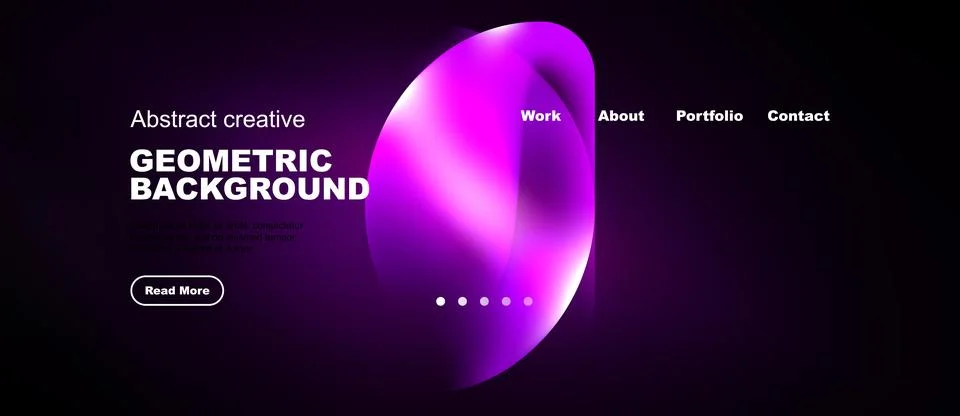 Dark background features vibrant pink abstract shapes, text elements, navig.. Illustrazione stock