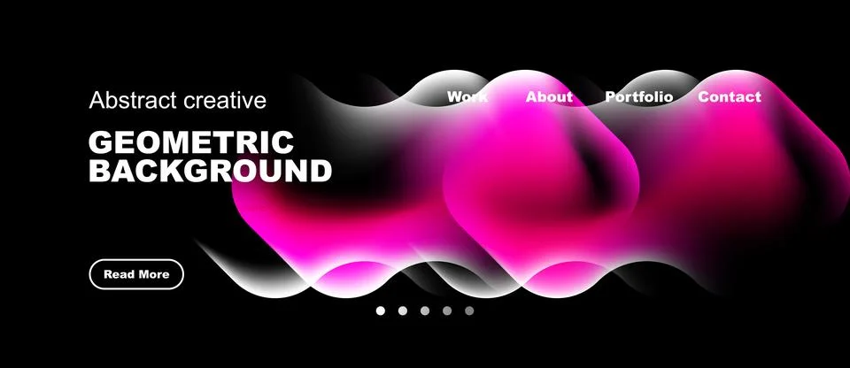 Dark background features vibrant pink, white fluid shapes. Website navigation Stock Illustration