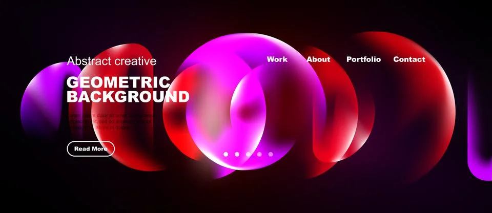 Dark background features vibrant pink, red geometric shapes. Website navigati Illustrazione stock