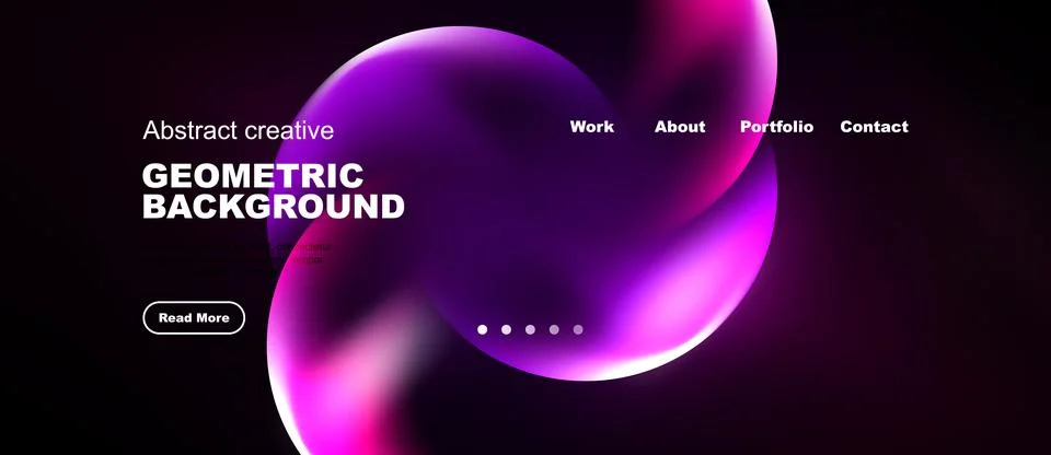 Dark background features vibrant pink, purple shapes. Website navigation Stock Illustration