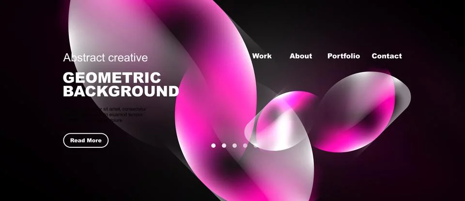 Dark background features vibrant pink geometric shapes. Website header includ 스톡 일러스트