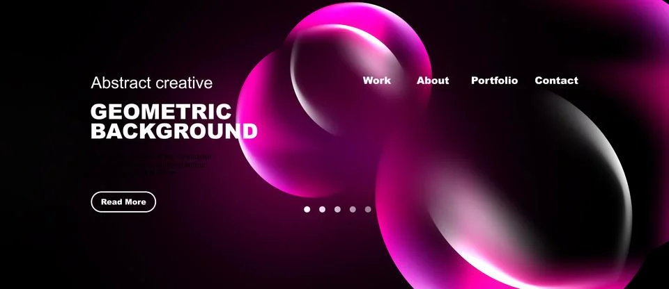 Dark background features vibrant pink geometric shapes. Website header includ Stock Illustration