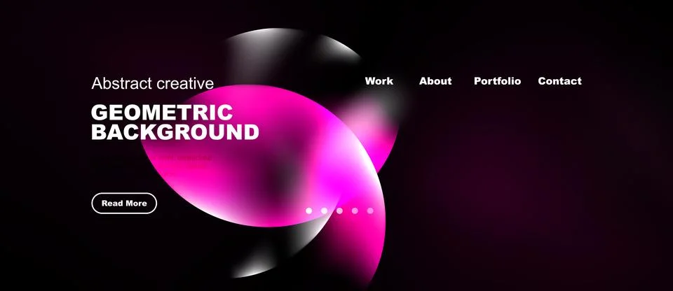 Dark background features vibrant pink abstract shapes, text elements, navig.. Illustrazione stock