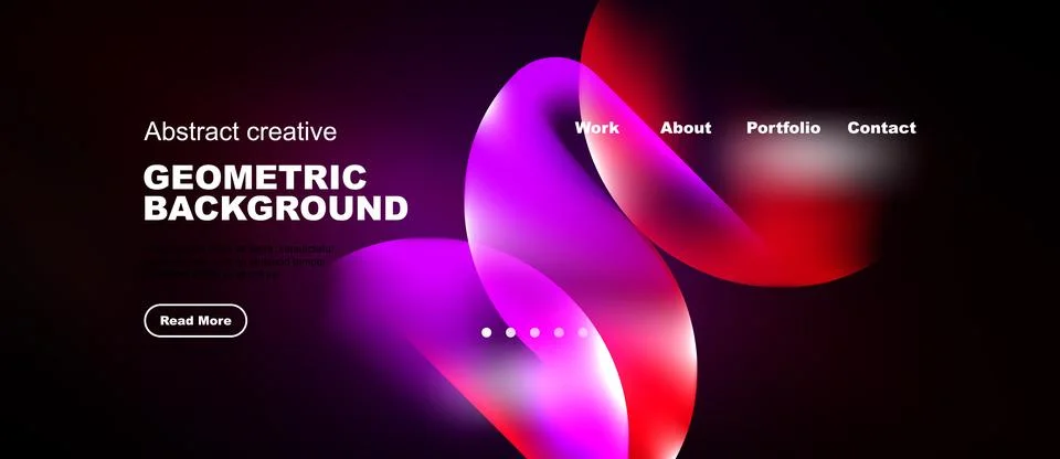 Dark background features vibrant pink, purple shapes. Website navigation Stock Illustration