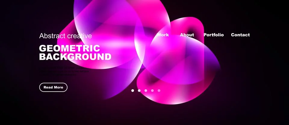 Dark background features vibrant pink, purple shapes. Website header includes Illustrazione stock
