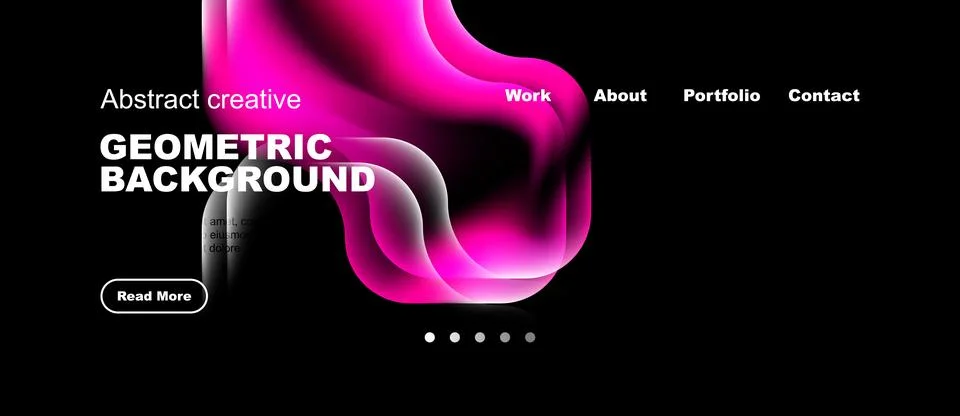 Dark background features vibrant pink abstract shapes. Text overlays include Stock Illustration