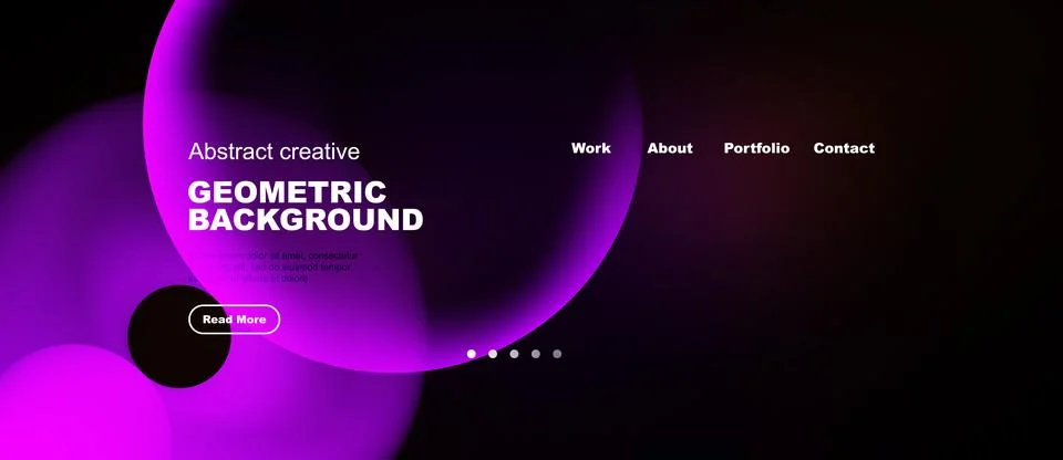Dark background features vibrant pink geometric shapes. Website header includ 스톡 일러스트