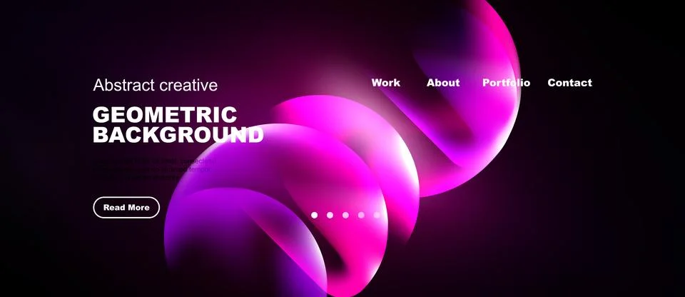 Dark background features vibrant pink, purple shapes. Website navigation 스톡 일러스트