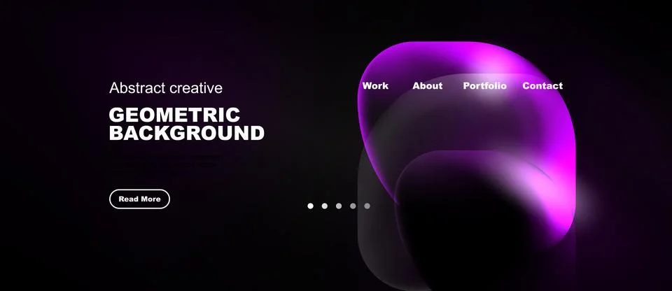 Dark background features vibrant pink shapes, text elements, navigation menu. Stock Illustration