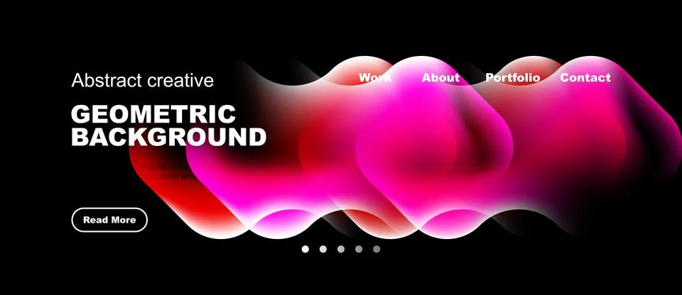 Dark background features vibrant pink abstract shapes. Navigation includes .. Illustrazione stock