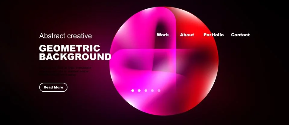 Dark background features vibrant pink sphere, text elements, navigation menu. Stock Illustration