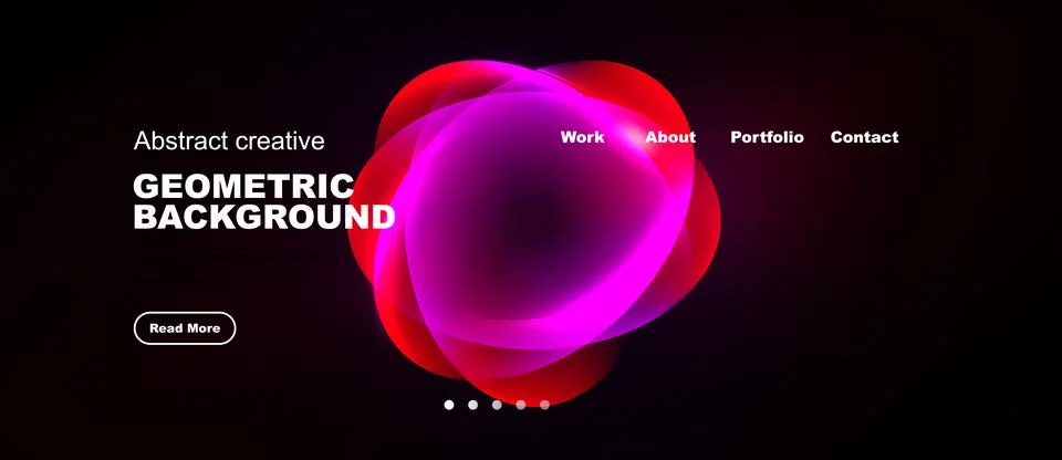 Dark background features vibrant pink geometric shapes. Text includes work, Stock Illustration