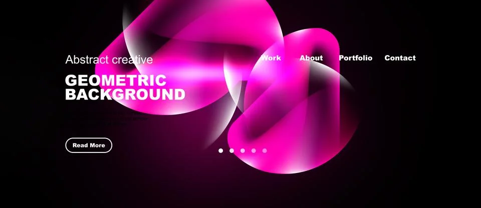 Dark background features vibrant pink abstract shapes. Website navigation Иллюстрация