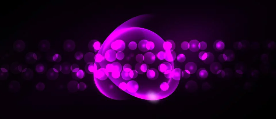Dark background features vibrant purple bubbles. Central orb radiates light, Stock Illustration