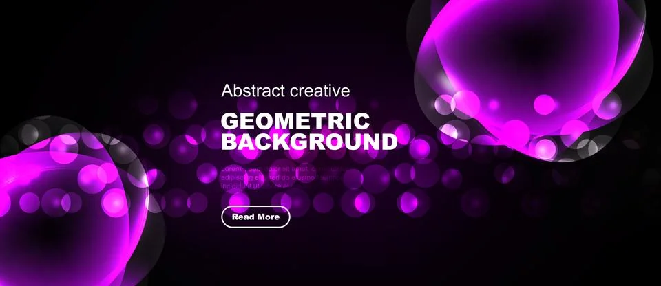 Dark background features vibrant purple geometric shapes, circles, text readi Stock Illustration