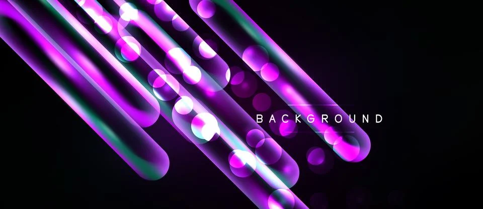 Dark background features vibrant purple, teal lines. Glowing circles create Stock Illustration