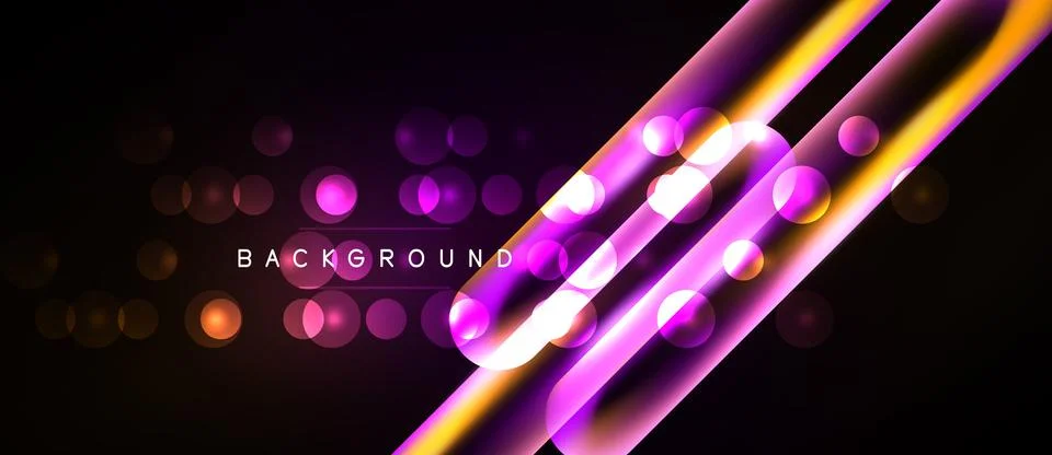 Dark background features vibrant purple, orange lines. Bokeh effects create Stock Illustration