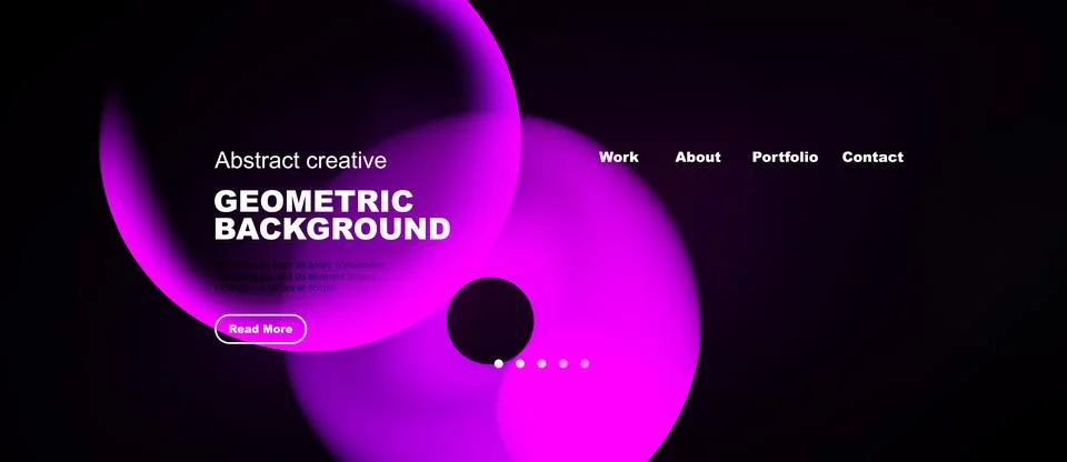 Dark background features vibrant purple shapes, text elements, navigation men Stockillustratie