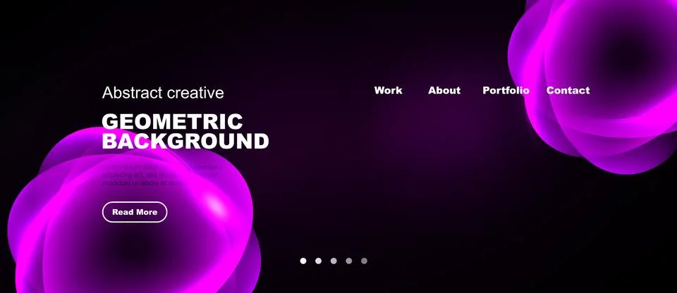 Dark background features vibrant purple abstract shapes. Website header inc.. Stock Illustration