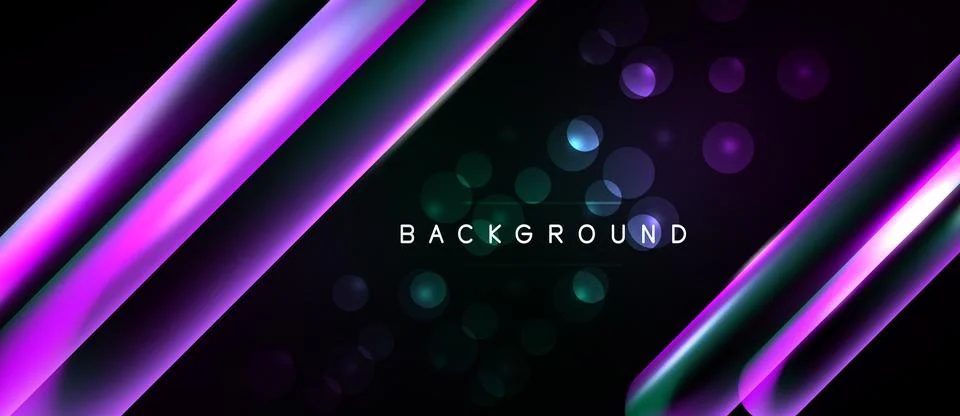Dark background features vibrant purple, teal diagonal lines. Scattered glowi Stock Illustration