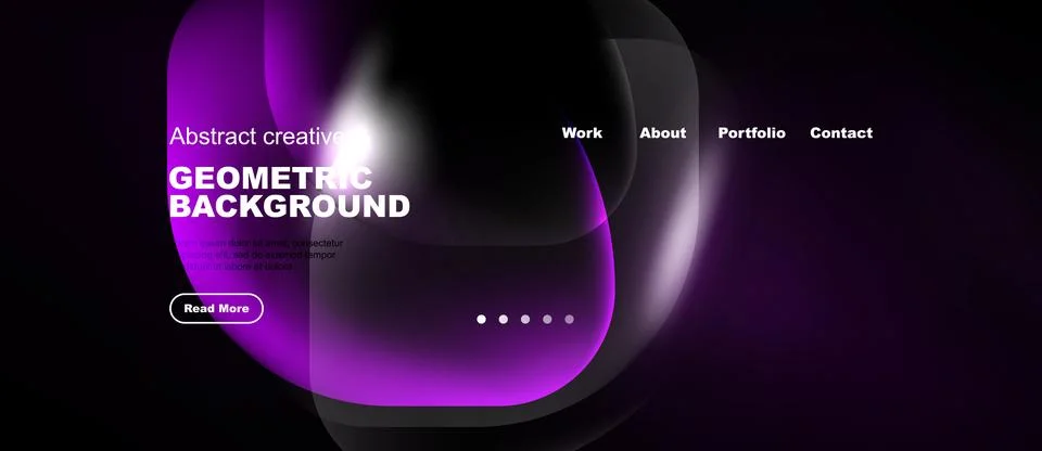 Dark background features vibrant purple shapes. Website header includes Stock Illustration
