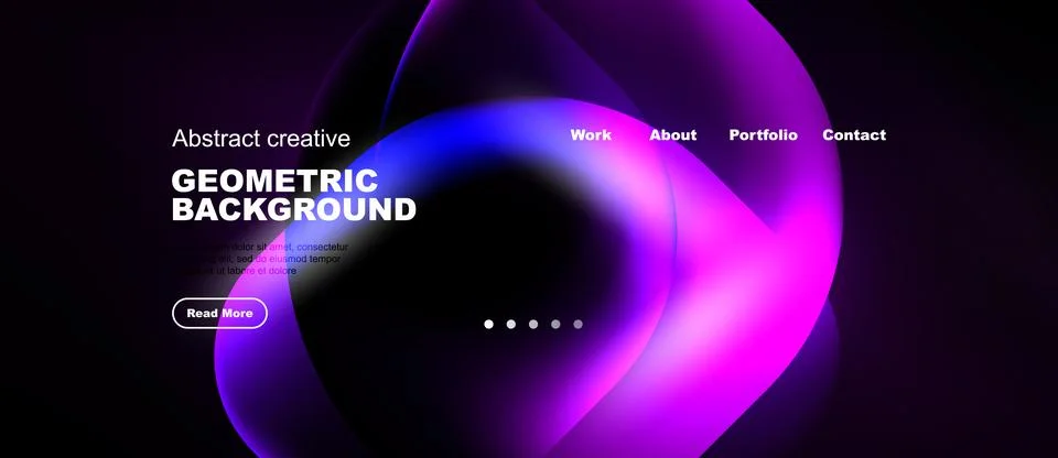 Dark background features vibrant purple abstract shapes. Text highlights Stock Illustration