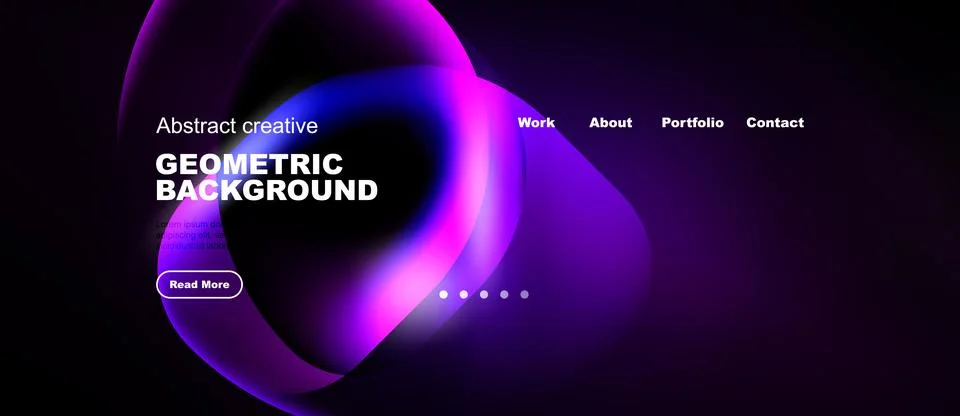 Dark background features vibrant purple abstract shapes. Text highlights Stock Illustration