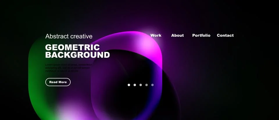 Dark background features vibrant purple, green shapes. Website header include Illustrazione stock